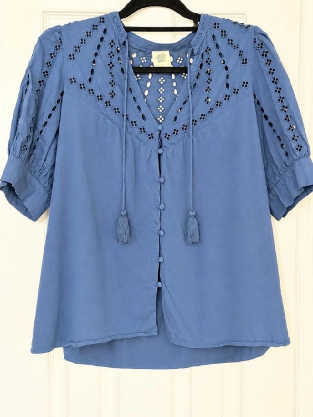 Good hart Blue Eyelet Tassel Button-Front Blouse